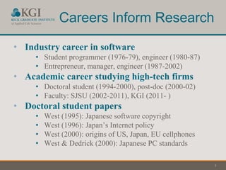 3
Careers Inform Research
• Industry career in software
• Student programmer (1976-79), engineer (1980-87)
• Entrepreneur, manager, engineer (1987-2002)
• Academic career studying high-tech firms
• Doctoral student (1994-2000), post-doc (2000-02)
• Faculty: SJSU (2002-2011), KGI (2011- )
• Doctoral student papers
• West (1995): Japanese software copyright
• West (1996): Japan’s Internet policy
• West (2000): origins of US, Japan, EU cellphones
• West & Dedrick (2000): Japanese PC standards
 