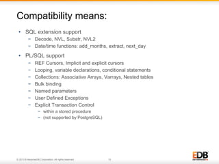 Compatibility means:
•  SQL extension support
−  Decode, NVL, Substr, NVL2
−  Date/time functions: add_months, extract, next_day

•  PL/SQL support
− 
− 
− 
− 
− 
− 
− 

REF Cursors, Implicit and explicit cursors
Looping, variable declarations, conditional statements
Collections: Associative Arrays, Varrays, Nested tables
Bulk binding
Named parameters
User Defined Exceptions
Explicit Transaction Control
−  within a stored procedure
−  (not supported by PostgreSQL)

© 2013 EnterpriseDB Corporation. All rights reserved.

10

 