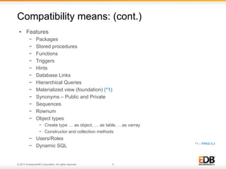 Compatibility means: (cont.)
•  Features
− 
− 
− 
− 
− 
− 
− 
− 
− 
− 
− 
− 

Packages
Stored procedures
Functions
Triggers
Hints
Database Links
Hierarchical Queries
Materialized view (foundation) (*1)
Synonyms – Public and Private
Sequences
Rownum
Object types
−  Create type … as object, … as table, …as varray
−  Constructor and collection methods

−  Users/Roles
−  Dynamic SQL

© 2013 EnterpriseDB Corporation. All rights reserved.

*1 – PPAS 9.3

11

 