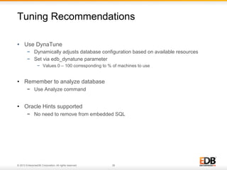 Tuning Recommendations
•  Use DynaTune
−  Dynamically adjusts database configuration based on available resources
−  Set via edb_dynatune parameter
−  Values 0 – 100 corresponding to % of machines to use

•  Remember to analyze database
−  Use Analyze command

•  Oracle Hints supported
−  No need to remove from embedded SQL

© 2013 EnterpriseDB Corporation. All rights reserved.

36

 