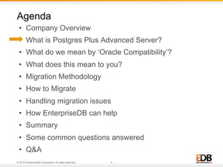 Agenda
•  Company Overview
•  What is Postgres Plus Advanced Server?
•  What do we mean by ‘Oracle Compatibility’?
•  What does this mean to you?
•  Migration Methodology
•  How to Migrate
•  Handling migration issues
•  How EnterpriseDB can help
•  Summary
•  Some common questions answered
•  Q&A
© 2013 EnterpriseDB Corporation. All rights reserved.

5

 