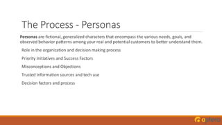 The Process - Personas
Personas are fictional, generalized characters that encompass the various needs, goals, and
observed behavior patterns among your real and potential customers to better understand them.
Role in the organization and decision making process
Priority Initiatives and Success Factors
Misconceptions and Objections
Trusted information sources and tech use
Decision factors and process
 