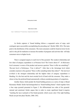Figure 1. BrandDynamicsTM
Pyramid (Source: Adapted from BrandZ 2009)
Strong share of wallet
Weak share of wallet
As Kotler captures it “brand building follows a sequential series of steps, each
contingent upon successfully accomplishing the preceding one” (Kotler 2006: 283). The main
point is the distribution of the consumers. The most consumers could be found on lower levels
and it is the job for marketers to increase the number of programs and activities that will help
consumers move to higher levels.
There is assigned enquiry to each level of the pyramid. The weakest relationship and
low share of category expenditure is at Presence level “Do I know about it?”. At Relevance
level consumer is aware of the product and answers question “Does it offer me something?”.
The next level is Performace, “Can it deliver?”. After that is the Advantage level which
considers reaction to the question “Does it offer something better then others?”. The last level
at which is the strongest relationship and the highest share of category expenditure is
Bonding. It is the best and the most awaited level of bond with the consumer. They make a
choice to buy the preferred brand automatically without considering products of competitors.
Another theory which ponder the brand building process as a series of steps is Brand
Resonance Model. Kotler had distinguished six “brand building blocks” which together form
a four steps pyramid presented in Figure 2. He differentiated two sides of the pyramid:
rational and emotional. Kotler argues that in order to create significant brand it requires
“reaching the top or pinnacle of the brand pyramid, which occurs only if the right building
blocks are put into place”(Kotler, 2006: 285).
13
 