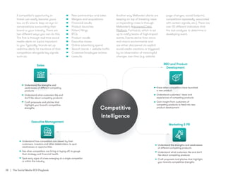 38 | The Social Media ROI Playbook
A competitor’s opportunity or
threat can easily become yours
too, so it’s wise to keep an eye on
conversations surrounding their
brand or your industry. There are
two different ways you can do this.
The first is through real-time social
media alerts on topics important
to you. Typically, brands set up
real-time alerts for mentions of their
competitors alongside key signals
such as:
•	 New partnerships and sales
•	 Mergers and acquisitions
•	 Financial results
•	 Product launches
•	 Patent filings
•	 IPOs
•	 Product recalls
•	 Executive moves
•	 Online advertising spend
•	 Search trends + website traffic
•	 Customer/employee reviews
•	 Lawsuits
Another way Meltwater clients are
keeping on top of breaking news
or impending crises is through
Meltwater’s AI-powered Data
Platform, Fairhair.ai, which is set
up to notify teams of high-impact
events. Events derive from micro
and macro environments and
are either discovered via explicit
social media mentions or triggered
by an observation of meaningful
changes over time (e.g. website
page changes, social footprint,
competitors repeatedly associated
with certain signals, etc.). There are
over 20 different indicators that
the tool analyses to determine a
developing event.
 