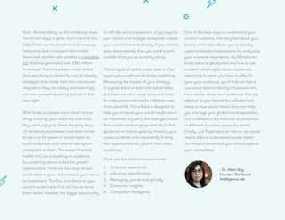 4 | The Social Media ROI Playbook
them. Brands taking up this challenge have
found new ways to grow. From a brand who
tripled their communications and message
resonance that increased their market
share and another who created a chocolate
bar that has generated over $100 million
in revenue. There have been music artists
that were living in obscurity only to identify
strategies that made them the mainstream
megastars they are today, and seemingly
unknown people becoming brands in their
own right.
All of these successes come down to one
thing, knowing your audience and what
they are hungry for. Since the early days
of Facebook, businesses have been driven
to tap into the power of social media to
build audiences and have an always-on
connection to them. The power of social
media isn’t just in building an audience
but exploring others to look for growth
opportunities. There are two ways to use
social data to grow and increase your return
on investment. The first, is to focus on your
current audience to find out how to serve
them better. However, the bigger opportunity
is with the second approach, to go beyond
your brand and analyse audiences outside
your current network. Simply, if you want to
grow exponentially then you need to look
outside what you’re currently doing.
The analysis of social media data is often
synonymous with social media marketing.
Measuring the impact of your strategy
is a great place to start with social data,
but there are other ways to use the data
to make your social media initiatives even
more powerful. This e-Book is designed to
help you increase your social media return
on investment by using the data generated
from social media engagement. You’ll find
guidance on how to grow by knowing your
audience better and importantly finding
new opportunities for growth from wider
audiences.
There are five distinct areas covered:
1.	 Customer experience
2.	 Influencer identification
3.	 Managing your brand globally
4.	 Consumer insights
5.	 Competitor intelligence
One of the best ways to understand your
current audience, how they feel about your
brand, which also allows you to identify
opportunities for improvement by analysing
your customer experience. You’ll find some
basic steps to get started and how to use
content marketing to attract audiences
searching for what you have to offer. To
grow your audience, you’ll find out how to
use social data to identify influencers who
have similar values and audiences that are
relevant to your brand. You will also find
ideas on how social media data can help
you manage your global brand reputation
and understand the nuances of consumers
in different countries across the world.
Finally, you’ll get ideas on how to use social
media data to understand people better
and how to benchmark your brand against
your competitors.
- Dr. Jillian Ney
Founder, The Social
Intelligence Lab
 