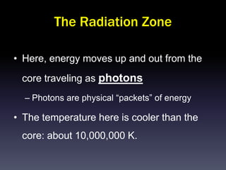 The Radiation Zone

• Here, energy moves up and out from the
 core traveling as photons
  – Photons are physical “packets” of energy

• The temperature here is cooler than the
 core: about 10,000,000 K.
 