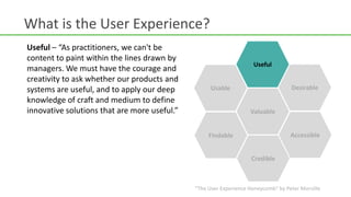 What is the User Experience?User Experience (UX) is about how a person feels about using a system or device.UsefulDesirableUsableIt is:Designed for