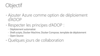 Objectif
 Ajouter Azure comme option de déploiement
d’ADOP
 Respecter les principes d’ADOP :
 Déploiement automatisé
 Shell scripts, Docker Machine, Docker Compose, template de déploiement
 Open Source
 Quelques jours de collaboration
 