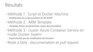 Résultats
 Méthode 1 : Script et Docker Machine
 Modification du script quickstart.sh de ADOP
 Méthode 2 : ARM Template
 Template, fichier de paramètres, script, documentation
 Méthode 3 : cluster Azure Container Service en
mode Docker Swarm
 Expérimental, pas de modification de l’existant
 Reste à faire : documentation et pull request
 