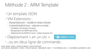 Méthode 2 : ARM Template
 Un template JSON
 VM Extensions :
 DockerExtension – installe le moteur Docker
 CustomScriptForLinux – exécute un script :
 Installation de Docker Compose
 Récupération de ADOP (git clone)
 Déploiement de ADOP en local : ./adop compose init
 Déploiement « en un clic »
 ..ou en deux ligne de commande :
 