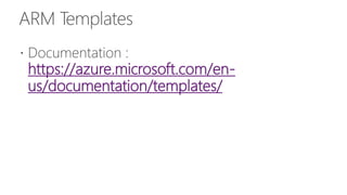 ARM Templates
 Documentation :
https://azure.microsoft.com/en-
us/documentation/templates/
 