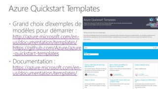 Azure Quickstart Templates
 Grand choix d’exemples de
modèles pour démarrer :
http://azure.microsoft.com/en-
us/documentation/templates/
https://github.com/Azure/azure
-quickstart-templates
 Documentation :
https://azure.microsoft.com/en-
us/documentation/templates/
 