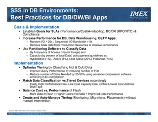 SSS in DB Environments:
  Best Practices for DB/DW/BI Apps
                                                                                                         IMEX
                                                                                                         RESEARCH.COM



       Goals & Implementation
               • Establish Goals for SLAs (Performance/Cost/Availability), BC/DR (RPO/RTO) &
                 Compliance
               • Increase Performance for DB, Data Warehousing, OLTP Apps:
                           Random I/O > 20x , Sequential I/O Bandwidth > 5x
                           Remove Stale data from Production Resources to improve performance
               • Use Partitioning Software to Classify Data
                           By Frequency of Access (Recent Usage) and
                           Capacity (by percent of total Data) using general guidelines as:
                           Hyperactive (1%), Active (5%), Less Active (20%), Historical (74%)
       Implementation
               • Optimize Tiering by Classifying Hot & Cold Data
                           Improve Query Performance by reducing number of I/Os
                           Reduce number of Disks Needed by 25-50% using advance compression software
                            achieving 2-4x compression
               • Match Data Classification vs.Tiered Devices accordingly
                           Flash, High Performance Disk, Low Cost Capacity Disk, Online Lowest Cost Archival
                            Disk/Tape
               • Balance Cost vs. Performance of Flash
                           More Data in Flash > Higher Cache Hit Ratio > Improved Data Performance
               • Create and Auto-Manage Tiering (Monitoring, Migrations, Placements) without
                 manual intervention

Source: IMEX Research SSD Industry Report          ©2011
© 2010‐11  IMEX Research, Copying prohibited. All rights reserved.
 