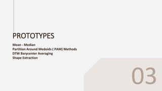 PROTOTYPES
Mean - Median
Partition Around Medoids ( PAM) Methods
DTW Barycenter Averaging
Shape Extraction
03
 