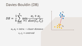 Davies-Bouldin (DB)
𝐷𝐵 =
1
𝑘
𝑖=1
𝑘
min
𝑖≠𝑗
𝛼𝑖 + 𝛼𝑗
𝑑𝑖𝑠𝑡( 𝐶𝑖, 𝐶𝑗)
𝑐1
𝑐2
𝛼𝑖, 𝛼𝑗 = 𝑖𝑛𝑡𝑟𝑎 − 𝑐𝑙𝑢𝑠𝑒𝑟 𝑑𝑖𝑠𝑡𝑎𝑛𝑐𝑒
𝑐𝑖, 𝑐𝑗 = 𝑐𝑒𝑛𝑡𝑟𝑜𝑖𝑑
 