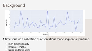 Background
• High dimensionality
• Irregular lengths
• Noise and time shifts
time (s)
variable
A time series is a collection of observations made sequentially in time.
 