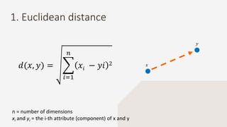 1. Euclidean distance
n = number of dimensions
xi and yi = the i-th attribute (component) of x and y
𝑑(𝑥, 𝑦) =
𝑖=1
𝑛
𝑥𝑖 − 𝑦𝑖 2 𝑥
𝑦
 