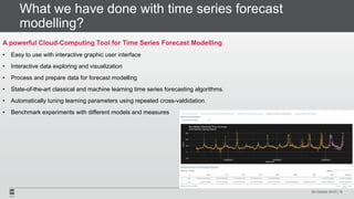 What we have done with time series forecast
modelling?
A powerful Cloud-Computing Tool for Time Series Forecast Modelling
• Easy to use with interactive graphic user interface
• Interactive data exploring and visualization
• Process and prepare data for forecast modelling
• State-of-the-art classical and machine learning time series forecasting algorithms.
• Automatically tuning learning parameters using repeated cross-valdidation.
• Benchmark experiments with different models and measures
29 October 2018 | 15
 