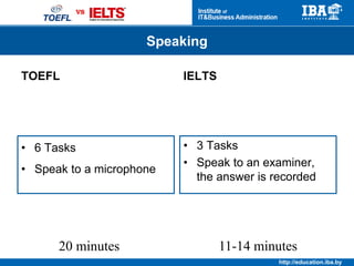 http://education.iba.by
Система оценивания
• Each section 0 – 30
• Total score 0 – 120
• Each part 1.0 – 9.0
• Overall Band 1.0 – 9.0
TOEFL IELTS
Система оценивания
Source: http://www.ets.org/toefl/institutions/scores/compare/
 