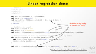 Linear regression demo
// imports
//V1,V2,V3,R
//1,1,1,0.1
//1,0,1,0.5
val sc: SparkContext = initContext()
val data = sc.textFile(...)
val parsedData: RDD[LabeledPoint] = data.map { line =>
// parsing
}.cache()
// Building the model
val numIterations = 100
val stepSize = 0.00000001
val model = LinearRegressionWithSGD.train(parsedData, numIterations, stepSize)
// Evaluate model on training examples and compute training error
val valuesAndPreds = parsedData.map { point =>
val prediction: Double = model.predict(point.features)
(point.label, prediction)
}
val MSE = valuesAndPreds.map{case(v, p) => math.pow((v - p), 2)}.mean()
*	http://spark.apache.org/docs/latest/mllib-linear-methods.html
 