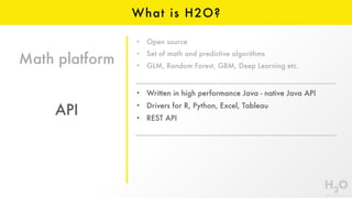 • Written in high performance Java - native Java API
• Drivers for R, Python, Excel, Tableau
• REST API
Math platform
API
What is H2O?
• Open source
• Set of math and predictive algorithms
• GLM, Random Forest, GBM, Deep Learning etc.
 