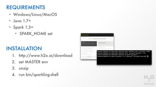 REQUIREMENTS
• Windows/Linux/MacOS
• Java 1.7+
• Spark 1.3+
• SPARK_HOME set
INSTALLATION
1. http://www.h2o.ai/download
2. set MASTER env
3. unzip
4. run bin/sparkling-shell
 