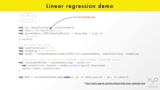 Linear regression demo
// imports
//V1,V2,V3,R
//1,1,1,0.1
//1,0,1,0.5
val sc: SparkContext = initContext()
val data = sc.textFile(...)
val parsedData: RDD[LabeledPoint] = data.map { line =>
// parsing
}.cache()
// Building the model
val numIterations = 100
val stepSize = 0.00000001
val model = LinearRegressionWithSGD.train(parsedData, numIterations, stepSize)
// Evaluate model on training examples and compute training error
val valuesAndPreds = parsedData.map { point =>
val prediction: Double = model.predict(point.features)
(point.label, prediction)
}
val MSE = valuesAndPreds.map{case(v, p) => math.pow((v - p), 2)}.mean()
*	http://spark.apache.org/docs/latest/mllib-linear-methods.html
 