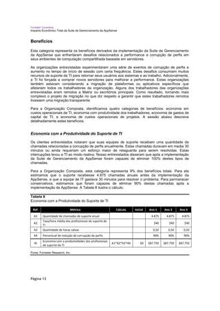 Forrester Consulting
Impacto Econômico Total da Suite de Gerenciamento da AppSense


Benefícios

Esta categoria representa os benefícios derivados da implementação da Suite de Gerenciamento
da AppSense que enfrentaram desafios relacionados a performance e corrupção de perfis em
seus ambientes de computação compartilhada baseada em servidores.

As organizações entrevistadas experimentaram uma série de eventos de corrupção de perfis e
aumento no tempo de início de sessão com certa frequência. Estes desafios consumiam muitos
recursos de suporte da TI para retornar seus usuários aos sistemas e ao trabalho. Adicionalmente,
a TI foi forçada a comprar novos servidores para melhorar a performance. Estas organizações
também estavam considerando a migração de plataformas ou aplicativos específicos que
afetariam todos os trabalhadores da organização. Alguns dos trabalhadores das organizações
entrevistadas eram remotos a Matriz ou escritórios principais. Como resultado, tornando mais
complexo o projeto de migração no que diz respeito a garantir que estes trabalhadores remotos
tivessem uma migração transparente.

Para a Organização Composta, identificamos quatro categorias de benefícios: economia em
custos operacionais de TI, economia com produtividade dos trabalhadores, economia de gastos de
capital de TI, e economia de custos operacionais de projetos. A sessão abaixo descreve
detalhadamente estes benefícios.


Economia com a Produtividade do Suporte de TI

Os clientes entrevistados notaram que suas equipes de suporte recebiam uma quantidade de
chamadas relacionadas a corrupção de perfis anualmente. Estas chamadas duravam em media 30
minutos ou ainda requeriam um esforço maior de retaguarda para serem resolvidas. Estas
interrupções levou a TI ao modo reativo. Nosso entrevistados disseram que após a implementação
da Suite de Gerenciamento da AppSense foram capazes de eliminar 100% destes tipos de
chamadas.

Para a Organização Composta, esta categoria representa 9% dos benefícios totais. Para ela
estimamos que o suporte recebesse 4.875 chamadas anuais antes da implementação da
AppSense, e que a equipe de IT gastava 30 minutos para resolver o problema. Para permanecer
conservativos, estimamos que foram capazes de eliminar 90% destas chamadas após a
implementação da AppSense. A Tabela 8 ilustra o cálculo.

Tabela 8
Economia com a Produtividade do Suporte de TI
Ref. Metric Calculation Initial Year 1 Year 2 Year 3
  Ref.                        Métrica                         Cálculo     Inicial   Ano 1     Ano 2     Ano 3
  A1      Quantidade de chamadas de suporte anual                                     4.875     4.875     4.875
          Taxa/hora média dos profissionais de suporte de
  A2                                                                                   $40       $40       $40
          TI
  A3      Quantidade de horas salvas                                                   0,50      0,50      0,50
  A4      Percentual de redução de corrupção de perfis                                 90%       90%       90%
          Economia com a produtividades dos profissionais
   At                                                       A1*A2*A3*A4       $0    $87.750   $87.750   $87.750
          de suporte de TI

Fonte: Forrester Research, Inc.




Página 13
 