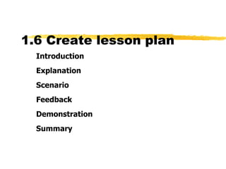 1.6 Create lesson plan Introduction Explanation Scenario Feedback Demonstration Summary 