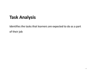 | 26
Task Analysis
Identifies the tasks that learners are expected to do as a part
of their job
 