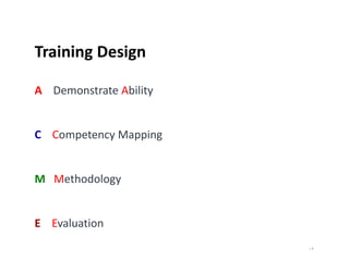 | 4
Training Design
A Demonstrate Ability
C Competency Mapping
M Methodology
E Evaluation
 