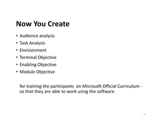 | 44
Now You Create
• Audience analysis
• Task Analysis
• Envisionment
• Terminal Objective
• Enabling Objective
• Module Objective
for training the participants on Microsoft Official Curriculum -
so that they are able to work using the software
 