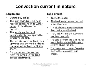 Convection current in nature
Sea breeze
• During day time:-
- The land absorbs sun’s heat
more in comparison to water
in sea. So land becomes
hotter.
- The air above the land
becomes hotter compared to
Land breeze
• During the night:-
- The land region looses the heat
faster than sea.
- The air above the sea is warmer
than that above the land.
- Thus, the warmer air above the
becomes hotter compared to
air above the sea.
- The hot air from the land rises
upwards and the cold air from
the sea rush to land to fill the
space.
- So, the convection current
from the ocean to the land
causes sea breeze.
- Thus, the warmer air above the
sea rises upwards.
- The cold air from the land rushes
towards the sea to fill the space
created above the sea.
- The convection current from the
land to the sea causes land
breeze.
like, share, subscribe, comment- channel
meera chavda
9
 