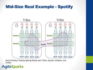 Mid-Size Real Example - Spotify
Henrik Kniberg “Scaling Agile @ Spotify with Tribes, Squads, Chapters, and
Guilds”.
 