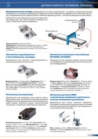 33
Датчики скорости, положения. Энкодеры
Нож
Энкодер
Преобразователь
частоты
Инкрементальный энкодер (преобразователь угловых перемещений) – устройство, предназначенное для
определения угла поворота вращающихся объектов в сигналы (импульсный цифровой код, электрический сиг-
нал), определяющие угол поворота объекта. Рабочий параметр датчика – количество импульсов за один оборот.
Применяются для измерения контроля скоростимо-
тор-редукторов, для сихнронизации приводных си-
стем, а также для линейных измерений.
Применяются для контроля, позиционирования и
синхронизации различных систем.
Применяется для измерения углов наклона. Благо-
даря компактному исполнению и сетевому протоколу
CANopen успешно применяются в строительной и гру-
зовой технике, мобильных кранах, телескопических
погрузчиках, специальных транспортных средствах.
Применяютсядля передачи энергии или/и сигналов
с неподвижного на вращающиеся части технологиче-
ского оборудования.
Применяются для точного линейного измерения.
Благодаряспециальному защищенному исполнению
корпуса данные датчики работают при самыхразлич-
ных условиях внешней среды.
Мотор-редуктор
Диаметр корпуса: от 24 мм до 100 мм.
Разрешение: 4…36 000 имп/об. Напряжение питания: 5…30 VDC.
Тип выхода: RS422, Push-Pull, Push-Pull с инверсией, Sinus.
Опции: Ex (взрывозащищённое исполнение), зоны 2/22, морское
исполнение.
Диаметр корпуса: от 24 мм до 90 мм. Разрешение: ST 9…17
Bit, MT 29 Bit (17х12 Bit). Напряжение питания: 5…30 VDC.
Код: Грей, бинарный. Интерфейс: SSI, SSI+инкрементальный,
SSI+Sin/Cos, BiSS, RS485, BiSS+инкрементальный, BiSS+Sin/
Cos, Parallel, AWG-Pr., аналоговый (4…20mA, 0…10V), CANopen,
Profibus, ProfiNET, ...
Измеряемый диапазон: ±10°, ±45°, ±60°. Кол-во осей: 2. Раз-
решение:  0.05°,  0.1°,  0.15°. Время реакции: 0.1…0.5 с. Тип
выхода: CANopen, аналоговый (4…20 mA, 0.1…4.9 V). Напряже-
ние питания: 5 VDC, 10…30 VDC. Особенности: виброустой-
чивость, защита от смены полярности, корректировка нуля ±5°,
быстрый монтаж и подключение.
Макс. скорость: до 25 м/с. Макс. ускорение: до 140 м/с.
Точность: до 0,05 мм. Особенности: виброустойчивость, защи-
та от смены полярности.
Диаметр корпуса: 60 или 85 мм. Полый вал: 18…25 или 20...30 мм,
1”. Макс. скорость: 500 об./мин. Силовые кольца: 240 V AC/DC,
16 A или 400 V AC/DC, 20 A. Сигнальные кольца: 48 V AC/DC, 2 A.
Кол-во колец: 20. Специальные версии: пневматика, гидрав-
лика. Особенности: простое подключение, виброустойчивость,
сигналы промышленных сетей (Profibus, CANopen,…).
Абсолютные однооборотные
и многооборотные энкодеры
Уклонометр (инклинометр)
Компактные кольцевые токосъёмники
IST-SR060, IST-SR085
Магнитные датчики LIMES
с магнитными линейками и рулеточные
системы измерений (тросиковые)
 