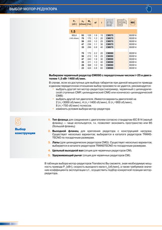 6
ВЫБОР МОТОР-РЕДУКТОРА
1.	 Тип фланца для соединения с двигателем согласно стандартам IEC B14 (малый
фланец) — чаще используется, т.к. позволяет экономить пространство или В5
(большой фланец)
2.	 Выходной фланец для крепления редуктора с конструкцией нагрузки.
Существует несколько вариантов; выбирается в каталоге редукторов TRANS-
TECNO по посадочным размерам.
3.	 Лапы (для цилиндрических редукторов CMG). Существует несколько вариантов;
выбирается в каталоге редукторов TRANSTECNO по посадочным размерам.
4.	 Цельный выходной вал (опция для червячных редукторов CM).
5.	 Удерживающий рычаг (опция для червячных редукторов CM).
В таблицах выбора мотор-редукторов Transtecno Вы сможете, зная необходимую мощ-
ность привода P1
[кВт], скорость выходного вала n2
[об/мин], а также требуемое значе-
ние коэффициента эксплуатации s.f., осуществить подбор конкретной позиции мотор-
редуктора.
Выбор
конструкции
5
P1
[ В ]
n2
[ / ]
M2
[Н ]
sf i
1.5
90L4 93 129 1.9 15 CM075 B5/B14
(1400 / ) 70 170 1.3 20 CM075 B5/B14
56 205 1.0 25 CM075 B5/B14
47 236 1.1 30 CM075 B5/B14
35 299 0.8 40 CM075 B5/B14
70 172 2.2 20 CM090 B5/B14
56 212 1.6 25 CM090 B5/B14
47 243 1.9 30 CM090 B5/B14
35 311 1.3 40 CM090 B5/B14
28 368 1.0 50 CM090 B5/B14
23 424 0.8 60 CM090 B5/B14
Выбираем червячный редуктор СМ090 с передаточным числом i=25 и двига-
телем 1,5 кВт 1400 об/мин.
В случае, если из доступных для выбора габаритов при данной мощности привода
и данном передаточном отношении выбор произвести не удается, рекомендуется:
•	 выбрать другой тип мотор-редуктора (например, червячный с цилиндриче-
ской ступенью CMP, цилиндрический CMG или коническо-цилиндрический
СМВ)
•	 выбрать другой тип двигателя. Имеются варианты двигателей на
2 (n1
=3000 об/мин), 4 (n1
=1400 об/мин), 6 (n1
=900 об/мин),
8 (n1
=750 об/мин) полюсов.
•	 изменить условия выбора мотор-редуктора
 