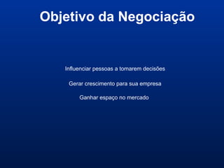 Objetivo da Negociação
Gerar crescimento para sua empresa
Influenciar pessoas a tomarem decisões
Ganhar espaço no mercado
 