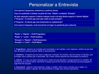 Com apenas 2 perguntas, analisamos o perfil do cliente
Faça um quadrante e coloque na parte de cima, “Razão” e embaixo “Emoção”
No lado esquerdo superior e inferior coloque Lento e do lado direito superior e inferior Rápido
1º Pergunta – O cliente age mais pela razão ou pela emoção?
2º Pergunta – O cliente age mais lentamente ou rapidamente?
Com essas 2 respostas, você encontrará um lugar no quadrante para coloca-lo
“Razão” e “Rápido” – Perfil Pragmático
“Razão” e “ Lento” – Perfil Analítico
“Emoção” e “Rápido” – Perfil Expressivo
“Emoção” e “Lento” – Perfil Afável
1. Pragmáticos - Querem ser tratados sem intimidade e com rapidez. Leve respostas. Lembre-se que este
tipo de pessoa costuma decidir rápido e racionalmente.
2. Analíticos - É aquele que usa mais a razão que a emoção. No entanto, não tem pressa na decisão, pois
privilegia mais a análise que a velocidade. Dê o maior numero possível de informações ao analítico.
3. Afáveis - É o que usa mais a emoção que a razão nas suas decisões e comportamento no trabalho. Dê
atenção ao seu cliente afável. Aproveite o espaço que ele lhe oferece, partilhando suas preocupações e
sugerindo-lhe soluções.
4. Expressivos - Querem relacionamento, elogio e rapidez. Usam mais a emoção que a razão, e é
extremamente rápido e agitado. Dê relacionamento e elogie seus clientes expressivos.
Personalizar a Entrevista
 