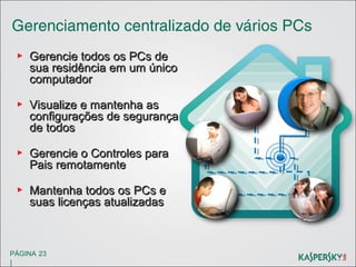 Gerenciamento centralizado de vários PCs
▶ Gerencie todos os PCs de
sua residência em um único
computador
▶ Visualize e mantenha as
configurações de segurança
de todos
▶ Gerencie o Controles para
Pais remotamente
▶ Mantenha todos os PCs e
suas licenças atualizadas

PÁGINA 23

|

 