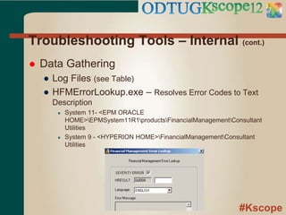 #Kscope
Troubleshooting Tools – Internal (cont.)
 Data Gathering
● Log Files (see Table)
● HFMErrorLookup.exe – Resolves Error Codes to Text
Description
● System 11- <EPM ORACLE
HOME>EPMSystem11R1productsFinancialManagementConsultant
Utilities
● System 9 - <HYPERION HOME>FinancialManagementConsultant
Utilities
 