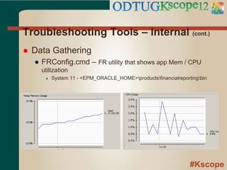 #Kscope
Troubleshooting Tools – Internal (cont.)
 Data Gathering
● FRConfig.cmd – FR utility that shows app Mem / CPU
utilization
● System 11 - <EPM_ORACLE_HOME>productsfinancialreportingbin
 