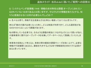 Q: （システムベンダ営業職）14:49 情報の非対称性は課題 オープンにされてい
るされていないはまだあるとは思いますが、そもそもその情報を取ろうとする、知
ろうと意識させるには何が必要なんでしょうか？
A: 色々な分野で、情報不足を意識せざるを得ない場面って出てくると思うんです。
例えば「親の介護が必要になった時に、どんな制度が利用できて、どんな選択肢があ
るのか分からない」という課題があります。
私の関与している企業では、そのような課題の解決につながるようにという想いがあり、
介護事業所に関するオープンデータを収集してデータベースとして整備していたりしま
す。
事業者の役割として考えると、事業分野の顧客の課題やニーズを拾い上げて、必要な
情報が行政機関にあるなら、顧客を代弁するような形で情報提供を求めて行く必要が
あると思っています。
2019/5/17 CC BY 4.0 SAYOKO SHIMOYAMA, LINKDATA 26
追加スライド：当日sli.doに頂いたご質問への回答(8)
 