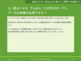 Q: （匿名）14:53 下山さん つくば市のオープン
データは供養が必要ですか？
A: マニアックなご質問だったので壇上で見た時に思わず吹いてしまいました（笑）
残念ながら今回の行政手続のオンライン化推進状況のデータも供養が必要な部類で
した。
データ形式としては問題が無かったのですが、情報が削られすぎていて、
他の資料を見たり問い合わせをしないと解釈できないというパターンでした。
2019/5/17 CC BY 4.0 SAYOKO SHIMOYAMA, LINKDATA 29
追加スライド：当日sli.doに頂いたご質問への回答(11)
 