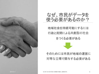 なぜ、市民がデータを
使う必要があるのか？
そのためには市民が地域の運営に
対等な立場で関与する必要がある
2019/5/17 CC BY 4.0 SAYOKO SHIMOYAMA, LINKDATA 3
地域社会を持続可能にするには
行政と民間による共創型の社会
をつくる必要がある
 