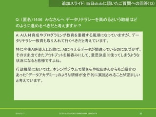 Q: （匿名）14:56 みなさんへ データリテラシーを高めるという取組はど
のように進めるべきだと考えますか？
A: AI人材育成やプログラミング教育を重視する風潮になっていますが、デー
タリテラシー教育も取り入れて行くべきだと考えています。
特に今後AIを導入した際に、AIに与えるデータが間違っているのに気づかず、
そのまま出てきたアウトプットを鵜呑みにして、意思決定に使ってしまうような
状況になると悲惨ですよね。
行政機関においては、本シンポジウムで関さんや松田さんからもご紹介の
あった「データアカデミー」のような研修が全庁的に実施されることが望ましい
と考えています。
2019/5/17 CC BY 4.0 SAYOKO SHIMOYAMA, LINKDATA 30
追加スライド：当日sli.doに頂いたご質問への回答(12)
 