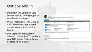 Outlook Add-in
• Data from the Common Data
Service related to the people in
emails and meetings
• In this first release, the Outlook
Add-in only looks for related
data in a few entities such as
Cases
• End-users can manage the
relevant data in the CDS without
your LOB app or IT department
needing to lift a finger
 