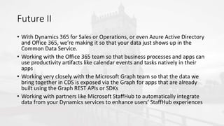 Future II
• With Dynamics 365 for Sales or Operations, or even Azure Active Directory
and Office 365, we’re making it so that your data just shows up in the
Common Data Service.
• Working with the Office 365 team so that business processes and apps can
use productivity artifacts like calendar events and tasks natively in their
apps
• Working very closely with the Microsoft Graph team so that the data we
bring together in CDS is exposed via the Graph for apps that are already
built using the Graph REST APIs or SDKs
• Working with partners like Microsoft StaffHub to automatically integrate
data from your Dynamics services to enhance users’ StaffHub experiences
 