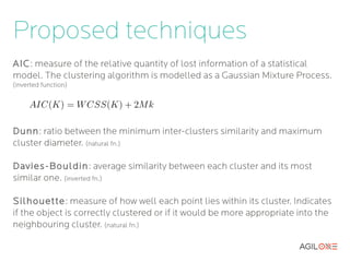 Proposed techniques
AIC: measure of the relative quantity of lost information of a statistical
model. The clustering algorithm is modelled as a Gaussian Mixture Process.
(inverted function)




Dunn: ratio between the minimum inter-clusters similarity and maximum
cluster diameter. (natural fn.)

Davies-Bouldin : average similarity between each cluster and its most
similar one. (inverted fn.)

Silhouette: measure of how well each point lies within its cluster. Indicates
if the object is correctly clustered or if it would be more appropriate into the
neighbouring cluster. (natural fn.)
 