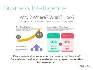 Business Intelligence
        Why ? Where? What? How?
         Insights of customers, products and companies




   Can someone else know your customer better than you?
  Do you have the domain knowledge and proper computation
                      infrastructure?
 