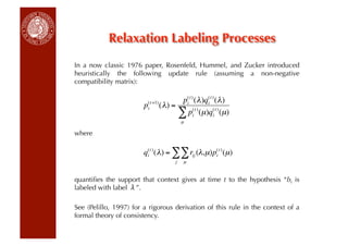 Relaxation Labeling Processes
In a now classic 1976 paper, Rosenfeld, Hummel, and Zucker introduced
heuristically the following update rule (assuming a non-negative
compatibility matrix):

                            (t +1)          p(t ) ( λ )q(t ) ( λ )
                        p   i        ( λ) = i (t ) i (t )
                                           ∑ pi (µ)qi (µ)
                                               µ

where
                              €

           €            q ( λ) = ∑ ∑ rij (λ, µ) p(t ) (µ)
                         (t )
                         i                       i
                                           j   µ


quantiﬁes the support that context gives at time t to the hypothesis “bi is
labeled with label ”.
            €
See (Pelillo, 1997) for a rigorous derivation of this rule in the context of a
formal theory of consistency.
 